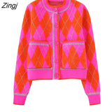 New Women Fashion Metal Crochet Geometric Short Knitting Sweater Female Chic Pockets Patch Cardigan Coats Tops