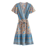 Queens Women Pink Floral Print Cross V-neck Beach Wrap Mini Dress Ladies Short Sleeve Rayon Boho Dresses