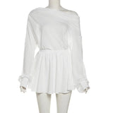 White Sheer Off-shoulder Top And Pleated Mini Skirt Set- Outfit