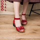 Zingj Summer Sandals National Style Leather Women's Shoes Thick Heels Fish Mouth Mother Shoes Middle-Aged Women's Shoes Soft-Soled Women's