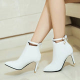 Women Thin High Heel Ankle Boots Fashion Zipper Boots Ladies Pointed Toe Buckle Fall Winter Women Boots Black Yellow White