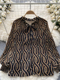 Korean Print Chiffon Shirt Bow Neck Long Sleeves Loose Leopard Top Casual Paisley Vintage Floral Blouse Spring