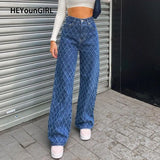 Casual Argyle Woman Jeans Straight High Waist Pants Capris Froll Plaid Fashion Long Denim Trousers