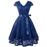 V-Neck Lace Knee-Length Women Dresses With Short Sleeves Sundress Female Vestidos New Arrival Chic Formal Party