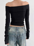 Solid Color Off Shoulder Slim Long Sleeve Tee- Outfit