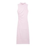 Women's Clothing 2025 Spring New Sleeveless Wrinkles Decorated Semi-High Collar Net Fan Flute