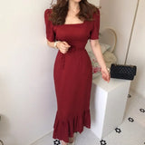 2021 Women Spring Summer Square Collar Dress Cotton Linen Elegant Lace Up