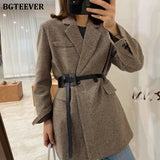 Autumn Winter Vintage Houndstooth Woolen Blazer Jackets for Women Double Breasted Belted Female Outwear with belt