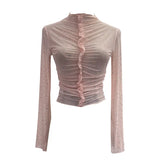 Real Shooting 2024 New Hot Diamond Half-High Collar Perspective Thin-Bottomed Shirt Mesh Top Beautiful Chic Shirt