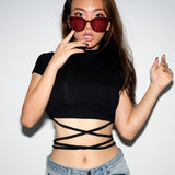 Summer Women Black Short T-Shirts Sexy Crop Tops Short Sleeve Bandage Tee Tops Female Shirts Fashion Woman