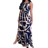 Zingj New Fashion Print Sleeveless Slit Lace Waist Temperament Dress-Outfit