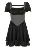 Bandage y2k Pleated Dress Retro Corset Patched A-Line Sundress Women Zipper Short Sleeve Korean Elegant Dress