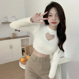 Women Hollow Out Sweaters Sexy Ladies Solid Tops Expose Navel Lint Knitted Long Sleeves Soft
