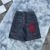 Pocket Embroidered Letter Print Jeans Men's Shorts Summer Vintage Super Wide-Legged Jeans 211-0-Outfit