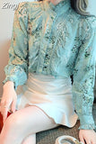 Floral Printed Blouse Women 2023 Fashion Long Sleeve Ruffle Stitching Shirts Stand Collar Vintage Flower Blouse Top