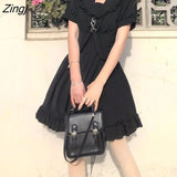 Black Lolita Dress Women Korean Style Puff Sleeve High Waist Party Dress Summer Vintage Sweet Ruffle Kawaii Fairy