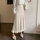 Pleated Patchwork Mid-length A-line Knitted Skirt- Outfit