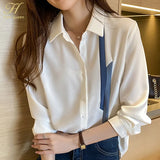 Han Queen New Blouse Women Spring Autumn Single Breasted Turn-down Collar Shirts Office Work Blouse Chiffon Vintage Loose