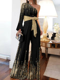 Wide Leg Pants Printed Two Piece Set New Summer Slan shoulder Sexy Party Sequins Suits Commuter High Waist Office Lady