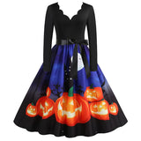 Midi Women Halloween Dress Autumn Winter Vintage Printed V-Neck Long Sleeve Swing Party Festival Sundress S~3XL
