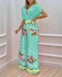 Two Piece Set Women Fashion V-neck Bat Sleeve Top Printed Wide-leg Pants Suit Casual Two Piece Set