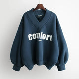 Women Hoodies V-neck Letter Printed Oversized Harajuku Korean Sweatshirts Female Long Sleeve Hooded Streetwear Casual Top