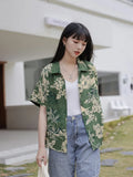 Summer 2022 Womens Fashion Green Button Up Shirt Short Sleeve Casual Top Floral Print Collared Shirt Korean