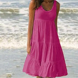 Casual Sleeveless O Neck Ruffles Mini Dress Elegant Solid Beach Dress Oversized Loose Dress 2021 Summer