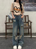 Zingj Wide Leg Broken Hole Jeans Female Spring And Autumn 2024 New Large Size Fat Mm Loose Show Thin Straight Tube Drag Floor