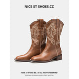 Sui Coarse And The Western Cowboy Boots V Mouth Embroidered Sleeve Rider Boots Retro Mid-Head