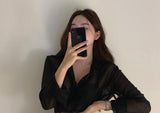 Women Summer 2 Piece Set Sexy Transparent Long Sleeve Pink Chiffon Shirt Top + High Waist Floral Print A Line Skirts