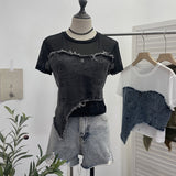 Solid Shooting Denim Splicing Mesh Yarn Short-Sleeved T-Shirt Summer Dress Irregularly Short High-Waist Repair Body Coat