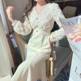 Long White Dress Women French Vintage V-neck Lace Slim Y2K Dress Spring Korean One Piece Casual Evening Party Dress