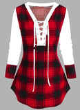 Sleeve Plaid Print Lace-up T-shirt Women Plaid Sweater Shirt Cowl Neck Form Fitting Casual Tunic Top Blouse