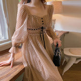 Vintage Midi Dress Women Puffer Sleeve Square Collor Office Elegant Dress Female Autumn Dot One Piece Dress