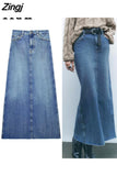 vaquera azul para mujer, falda larga de Jean, Falda de tubo de cintura alta descolorida, Falda Midi deshilachada con abertura,