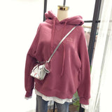 Winter Solid Women Sweatshirt Full Sleeve Fake 2 Pieces Patchwork Thicken Female Hoodies Ladies