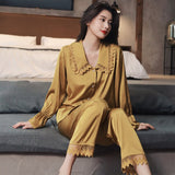 Women Pajamas Sets Sexy Lace Turn-Down Collar Pyjamas Sleep Suit Spring Summer Rayon Nightwear Casual Sleepwear Home
