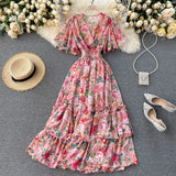 Zingj Typhoon Aesthetic Dress V Collar Lotus Leaf Edge High Waist Slim Skirt Sen Printed Fairy