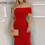 Women Plain Off Shoulder Ruffle Hem Maxi Bodycon Dress Party Sexy Dress Elegant Fashion