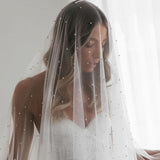 YouLaPan V114 Pearl Veil with Blusher 2 tiers Bridal Veil Cathedral White Ivory Wedding Veil with Pearls Bride Veils Cover