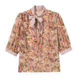 Floral Print Chiffon Blouse Women Korean Elegant Bow Tie Scarf Collar Sweet Shirts Loose Casual Short Sleeve Tops