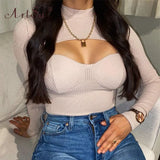 Women Long Sleeve Round Neck T-Shirt Skinny Tops Chest Cut Out Sexy Black Crop Top Autumn Tee Shirt Cropped
