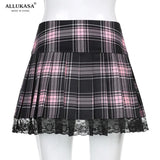 Up Goth Y2K Woman Skirts Pink Stripe Plaid Lace Trim Pleated School Skirt Punk Dark Academia Aesthetic E Girl