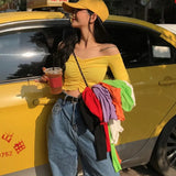 Sexy Off Shoulder T Shirt Women Fashion Casual Solid Color Tshirt Trendy Slim Crop Tops New Long Sleeve