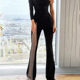 Women Autumn Winter High Waist Mesh See Through Flare Long Pants Bottoms 2021 Fall Clothes Wholesale Items