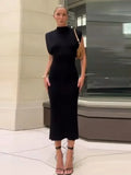Black Split Sleeveless Shoulder Pads Bodycon Dress Women Zipper Sleeveless Slim Midi Dresses 2024 Elegant Female Party