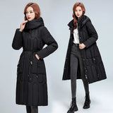 Medium-Long Hooded Warm Cotton-Padded Jacket 2024 New Winter Korean Version Of The Waist Show Thin Pure Color Cotton-Padded Coat Mother Coat-Outfit