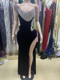 Water Drill Design High Open Fork Single Shoulder Sleeveless Black Dress Dinner Dinner Red Carpet