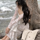 Vintage Wedding Party Midi Dresses for Women 2023 Autumn Winter Elegant Slim Flare Sleeve Mermaid Lace Female